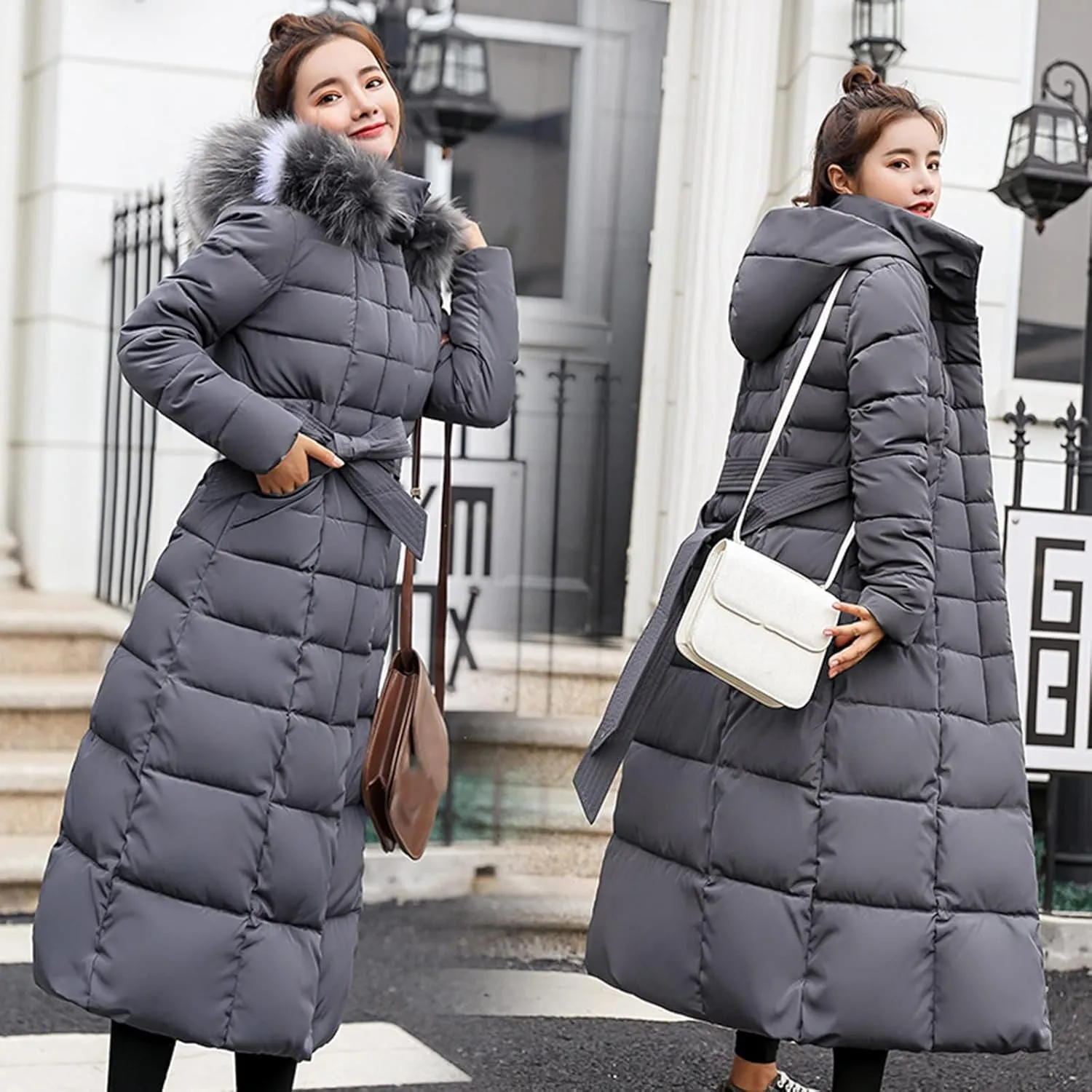 Women's Water Resistant Long Winter Coat Thickened Down Jacket Warm Puffer Jacket Pockets Quilted Parka with Faux Fur