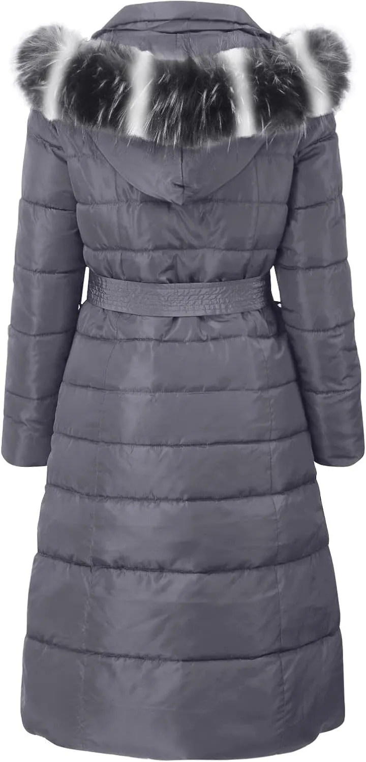 Women's Water Resistant Long Winter Coat Thickened Down Jacket Warm Puffer Jacket Pockets Quilted Parka with Faux Fur