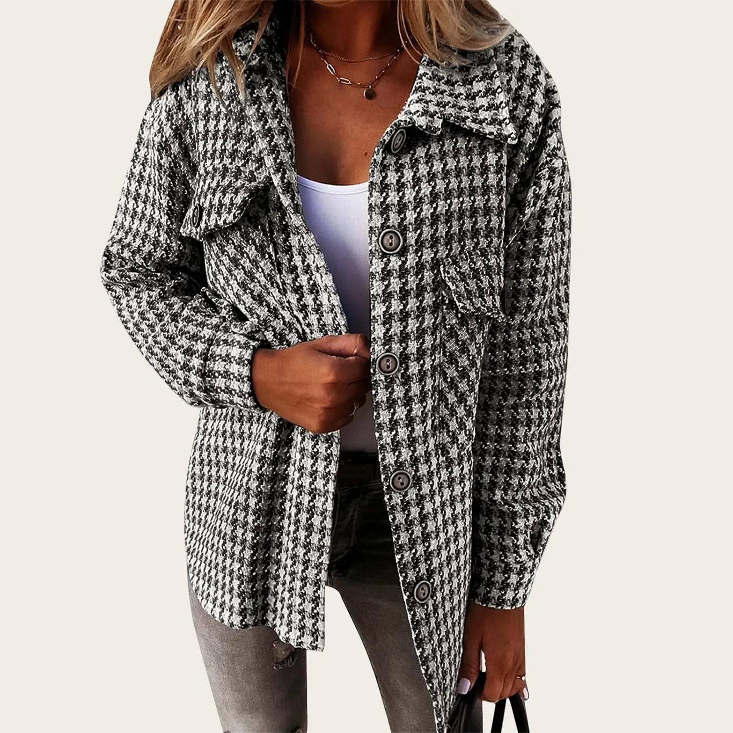 Womens Wool Blend Coats Plaid Lapel Flannel Shacket Jacket Casual Button Down Shirt Tops