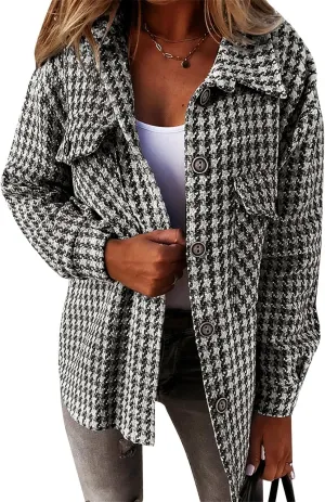 Womens Wool Blend Coats Plaid Lapel Flannel Shacket Jacket Casual Button Down Shirt Tops