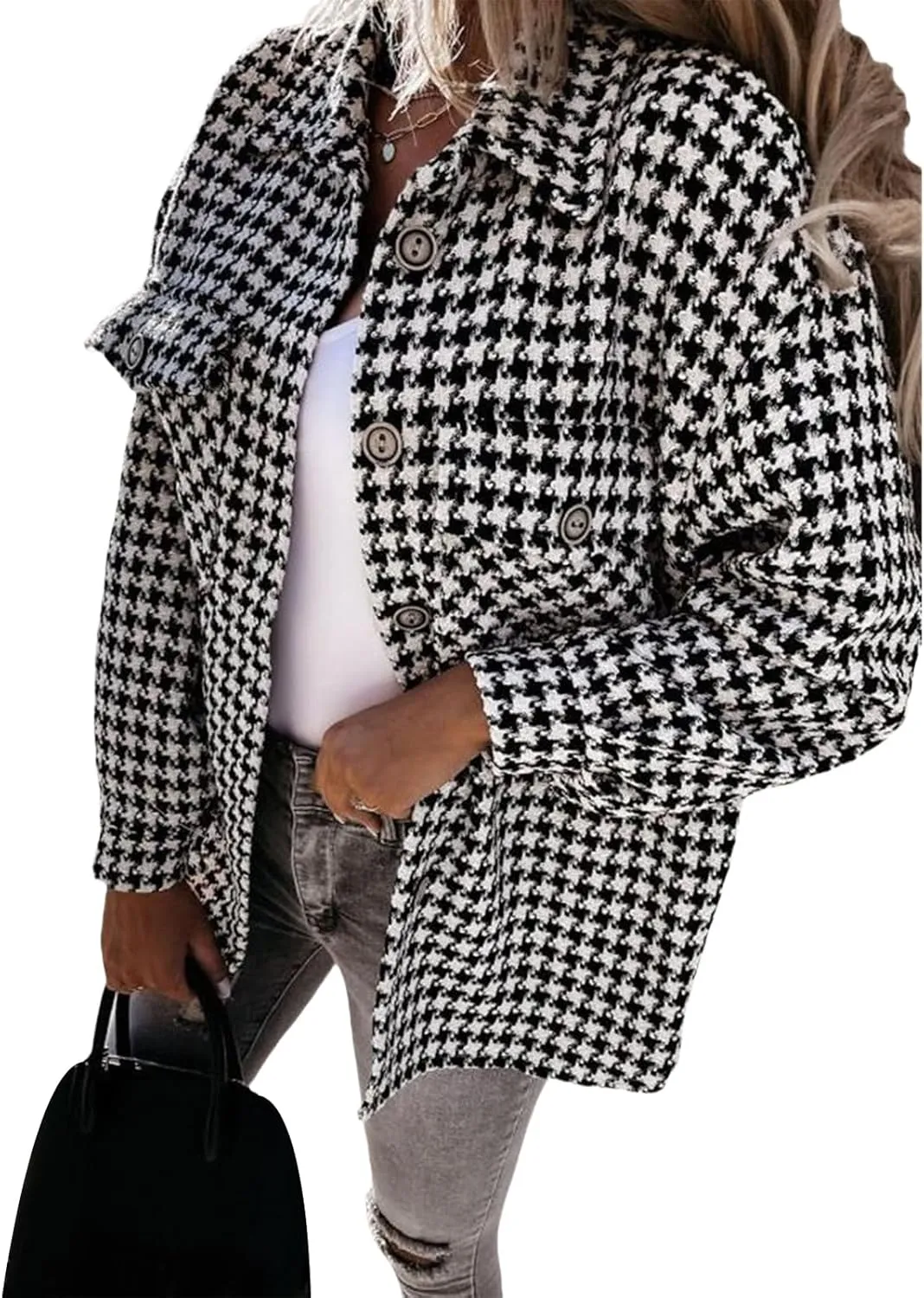 Womens Wool Blend Coats Plaid Lapel Flannel Shacket Jacket Casual Button Down Shirt Tops