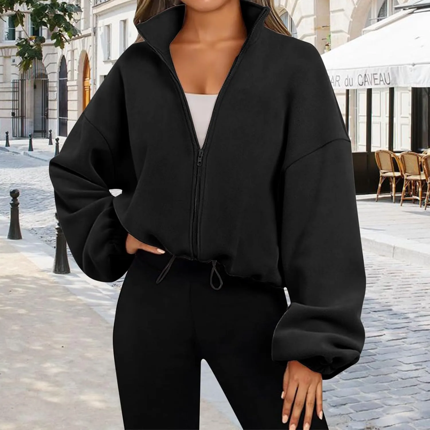 Womens Zip Up Hoodie Oversized Sweatshirt Fleece Cropped Jacket Trendy Fleece Jacket Travel Stretchy Jackets Utility