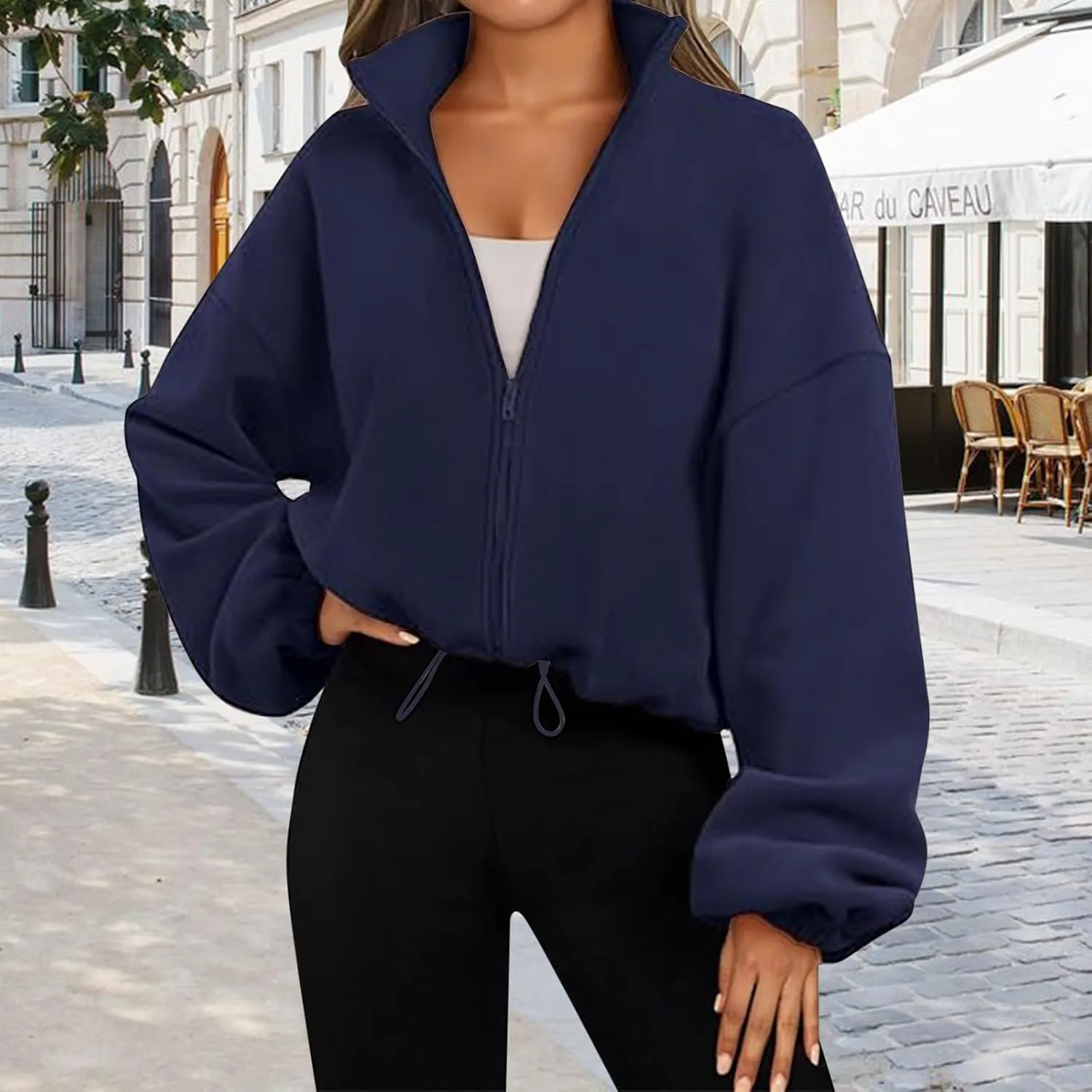 Womens Zip Up Hoodie Oversized Sweatshirt Fleece Cropped Jacket Trendy Fleece Jacket Travel Stretchy Jackets Utility