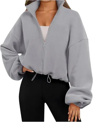 Womens Zip Up Hoodie Oversized Sweatshirt Fleece Cropped Jacket Trendy Fleece Jacket Travel Stretchy Jackets Utility