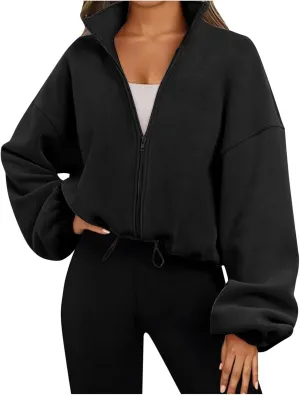 Womens Zip Up Hoodie Oversized Sweatshirt Fleece Cropped Jacket Trendy Fleece Jacket Travel Stretchy Jackets Utility