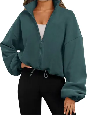 Womens Zip Up Hoodie Oversized Sweatshirt Fleece Cropped Jacket Trendy Fleece Jacket Travel Stretchy Jackets Utility