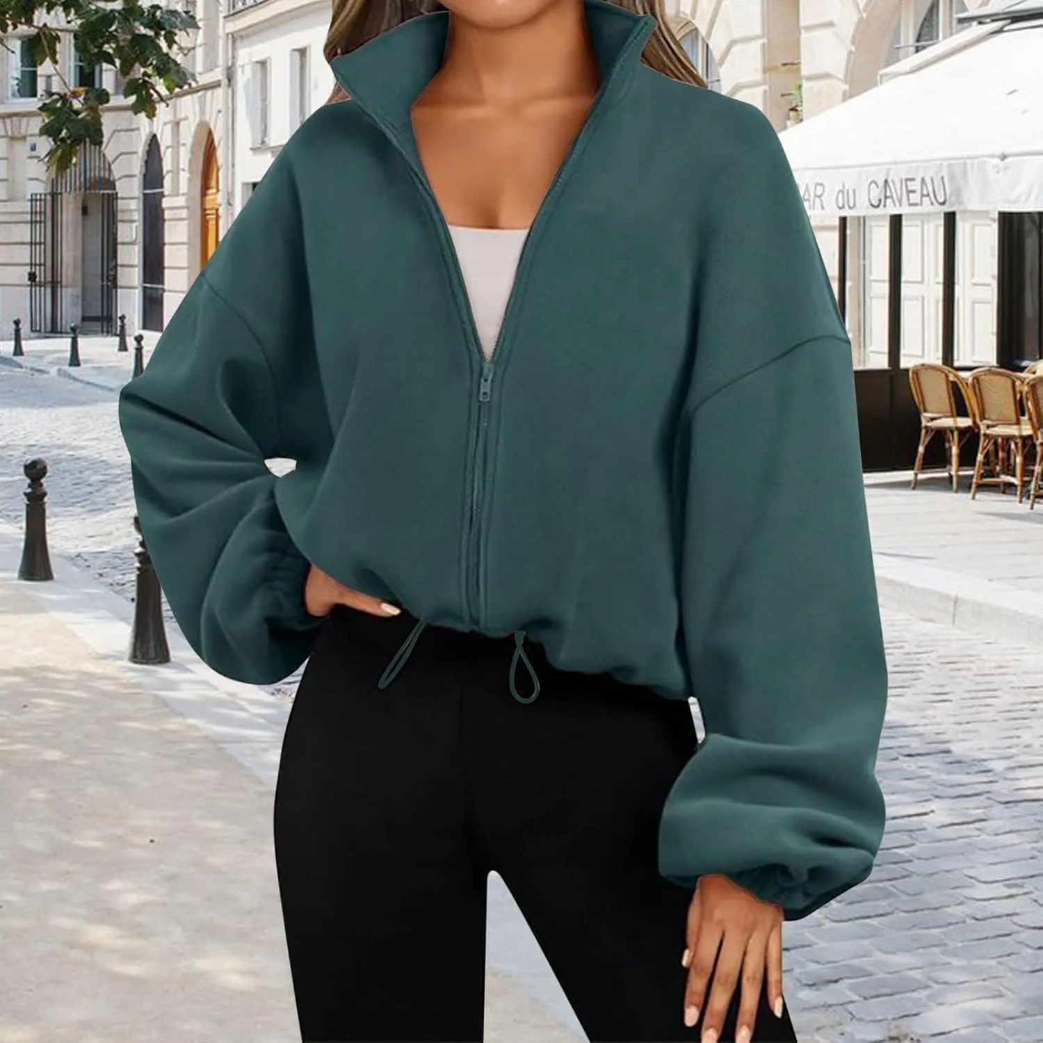 Womens Zip Up Hoodie Oversized Sweatshirt Fleece Cropped Jacket Trendy Fleece Jacket Travel Stretchy Jackets Utility
