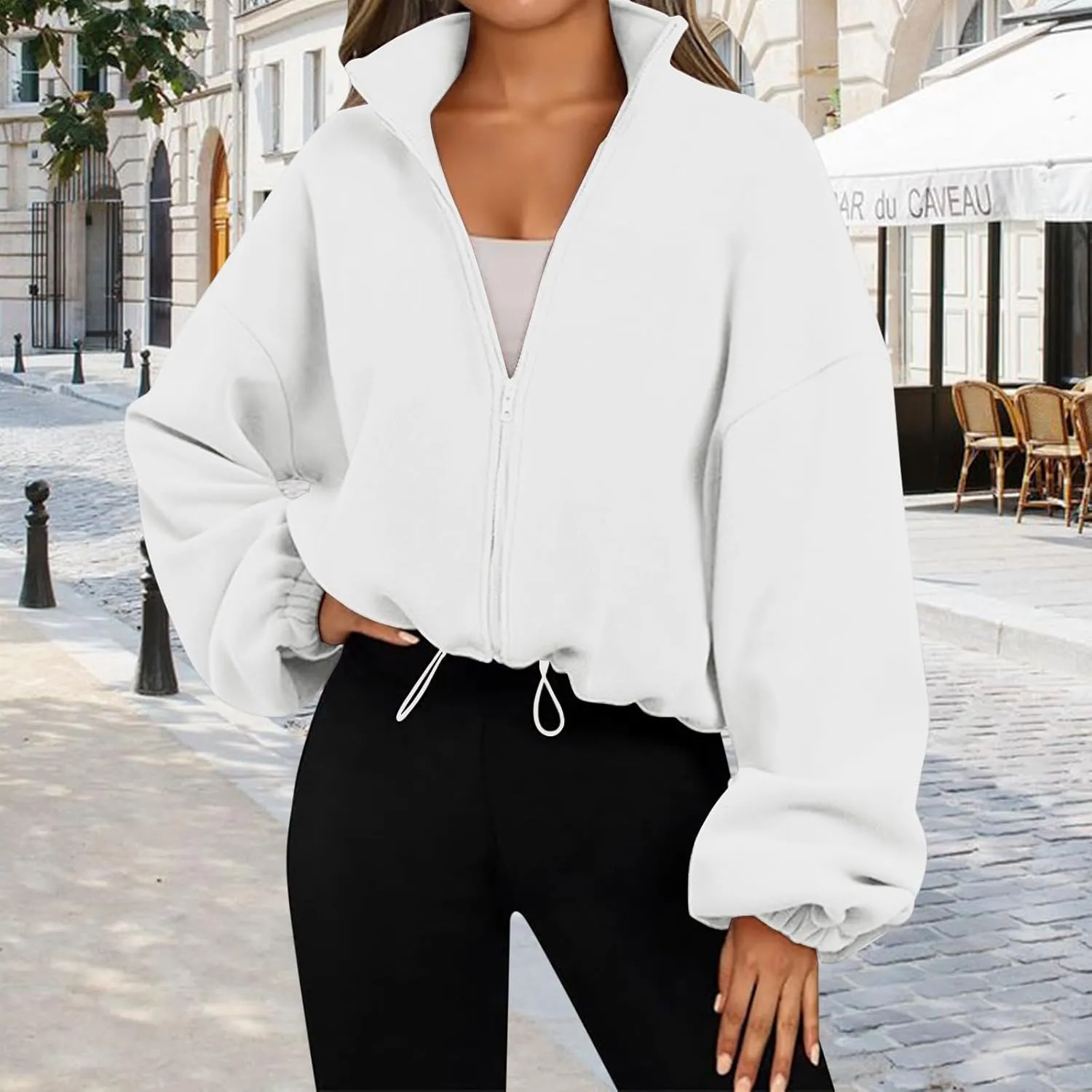 Womens Zip Up Hoodie Oversized Sweatshirt Fleece Cropped Jacket Trendy Fleece Jacket Travel Stretchy Jackets Utility