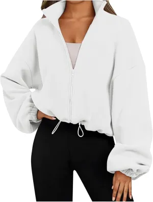 Womens Zip Up Hoodie Oversized Sweatshirt Fleece Cropped Jacket Trendy Fleece Jacket Travel Stretchy Jackets Utility