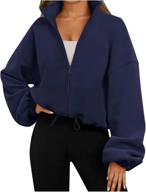 Womens Zip Up Hoodie Oversized Sweatshirt Fleece Cropped Jacket Trendy Fleece Jacket Travel Stretchy Jackets Utility
