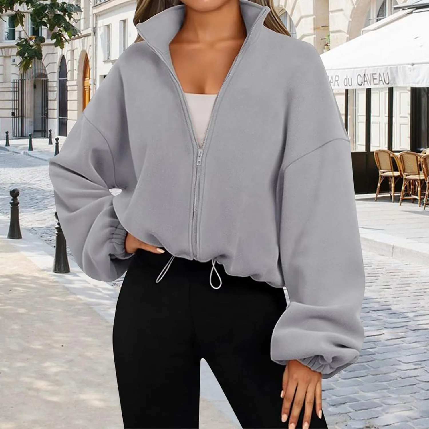 Womens Zip Up Hoodie Oversized Sweatshirt Fleece Cropped Jacket Trendy Fleece Jacket Travel Stretchy Jackets Utility