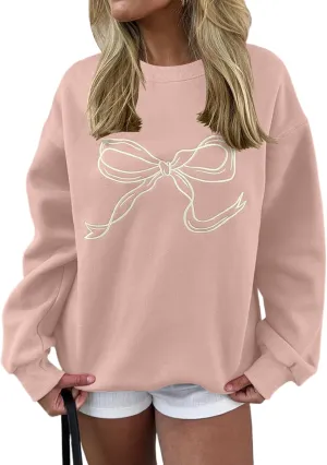 Ythomm Women’s Bow Graphic Sweatshirts Oversized Crewneck Drop Shoulder Pullover Sweatshirt Long Sleeve Tops 2024 Fall Outfit