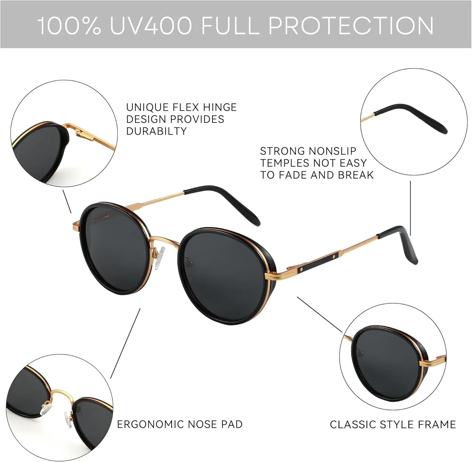 ZENOTTIC Retro Round Polarized Steampunk Sunglasses for Men Women-Circle Vintage Design Metal Frame UV400 Shades
