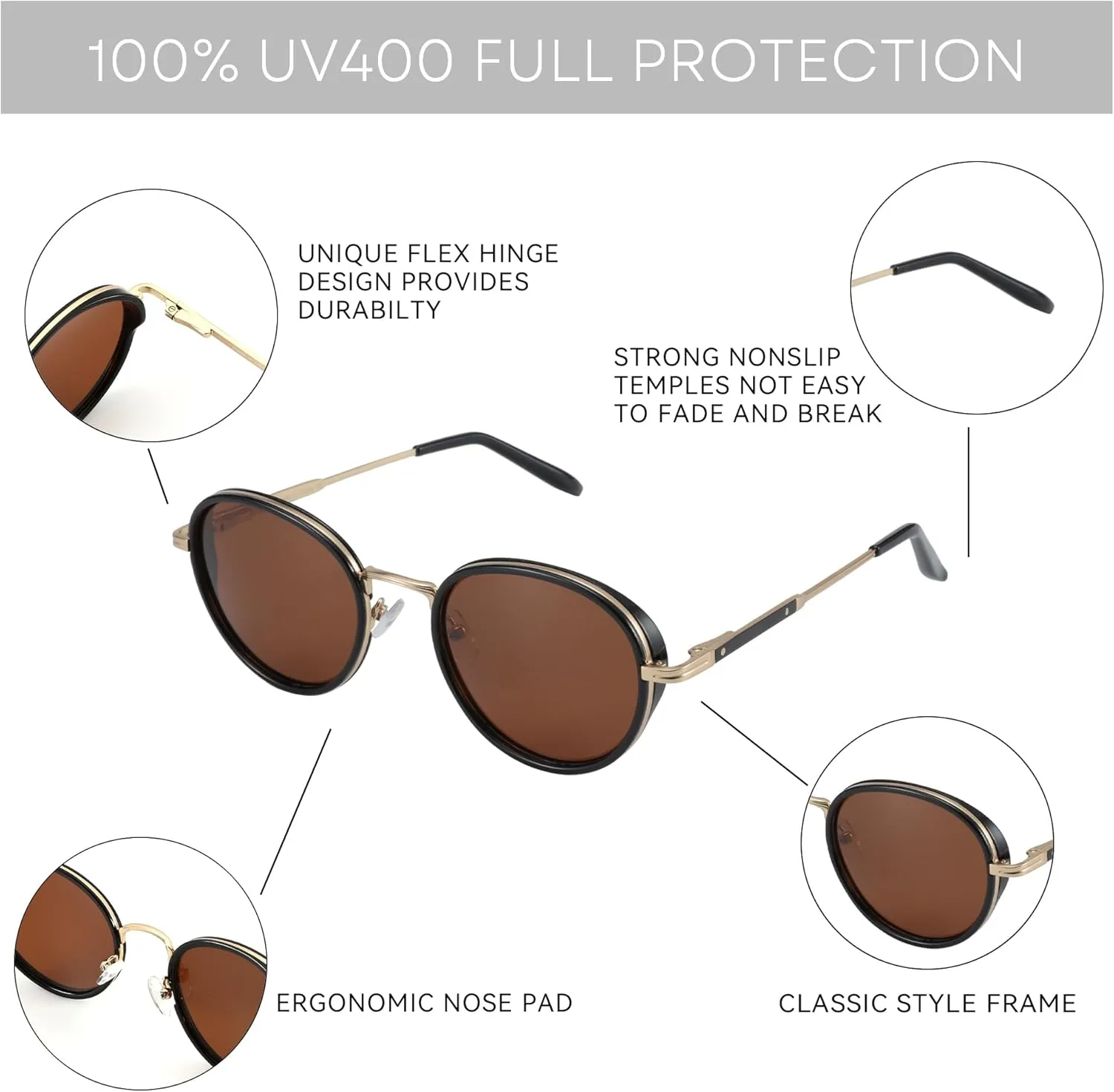 ZENOTTIC Retro Round Polarized Steampunk Sunglasses for Men Women-Circle Vintage Design Metal Frame UV400 Shades