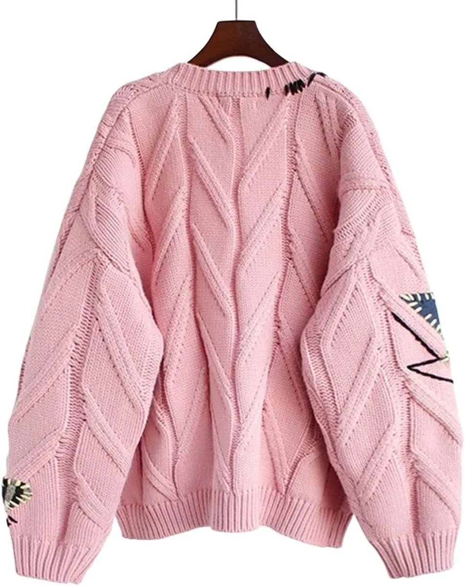 ZWRXW Women's Cable Knit Long Sleeve Sweaters Open Front Embroidery V-Neck Cardigans Button Down Knitted Coats with Pockets