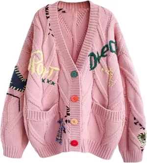 ZWRXW Women's Cable Knit Long Sleeve Sweaters Open Front Embroidery V-Neck Cardigans Button Down Knitted Coats with Pockets