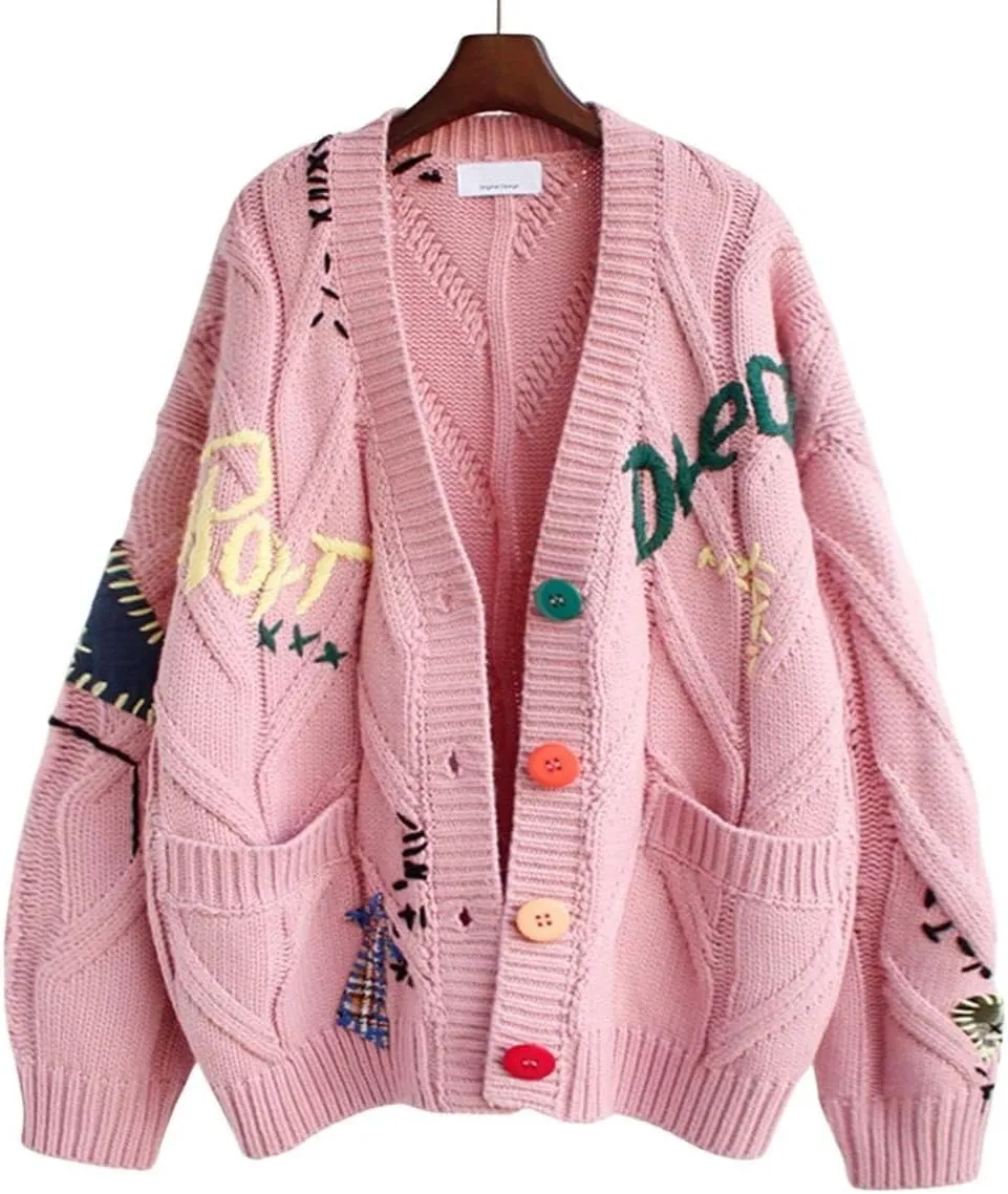 ZWRXW Women's Cable Knit Long Sleeve Sweaters Open Front Embroidery V-Neck Cardigans Button Down Knitted Coats with Pockets