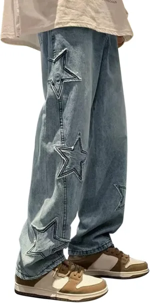ZYXTIM Mens Vintage Work Jeans Straight Leg Relax Fit Stretch Hip Hop Star Printed Distressed Streetwear Cotton Denim Pants