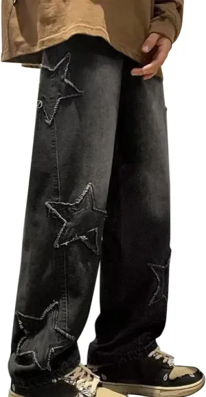 ZYXTIM Mens Vintage Work Jeans Straight Leg Relax Fit Stretch Hip Hop Star Printed Distressed Streetwear Cotton Denim Pants