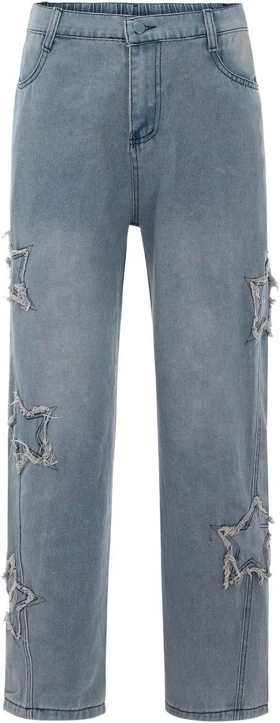 ZYXTIM Mens Vintage Work Jeans Straight Leg Relax Fit Stretch Hip Hop Star Printed Distressed Streetwear Cotton Denim Pants