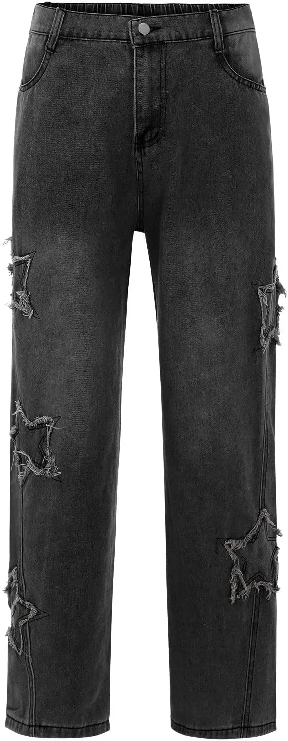 ZYXTIM Mens Vintage Work Jeans Straight Leg Relax Fit Stretch Hip Hop Star Printed Distressed Streetwear Cotton Denim Pants