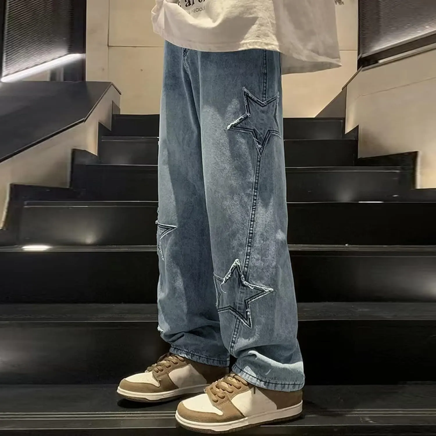 ZYXTIM Mens Vintage Work Jeans Straight Leg Relax Fit Stretch Hip Hop Star Printed Distressed Streetwear Cotton Denim Pants