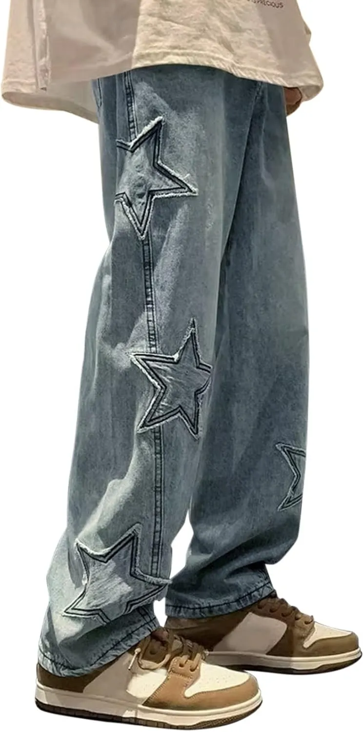 ZYXTIM Mens Vintage Work Jeans Straight Leg Relax Fit Stretch Hip Hop Star Printed Distressed Streetwear Cotton Denim Pants